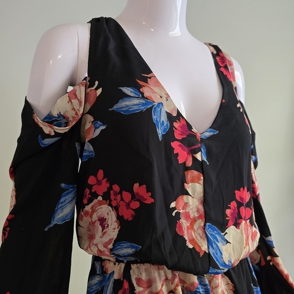 Charles Henry Black Floral Cold Shoulder Long Sleeve Dress Bold Print Size Small - Picture 6 of 15